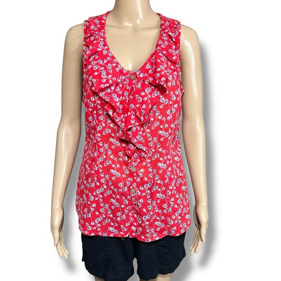 Edme & Esyllte Anthropologie Floral Ruffle Blouse Top Button Down V Neck Red 12 - Picture 1 of 10